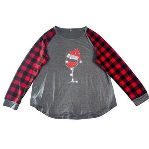 Plaid Wine Glass Santa Hat Raglan Tee Gray Red Long‎ Sleeve NWOT